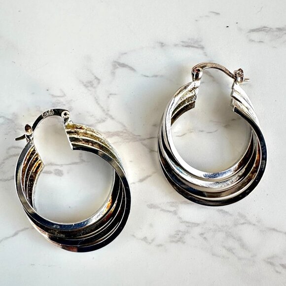 Jewelry - 925 Silver Sculptural Hoops, Wave Design, 1"